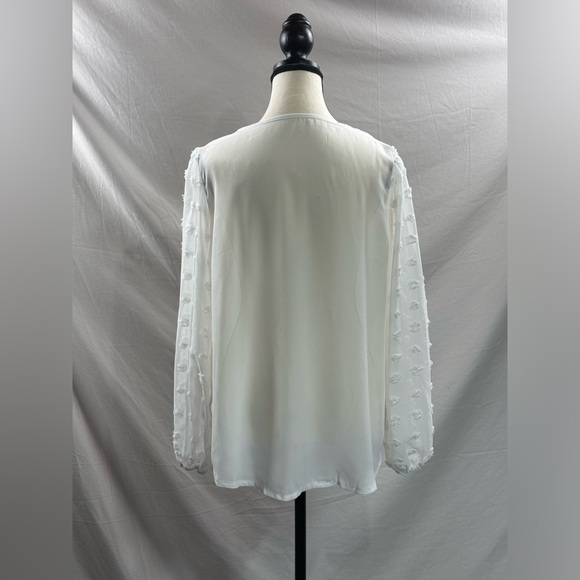 White Chiffon Swiss Dot Lantern Sleeve V-Neck Shirt - Picture 7 of 8